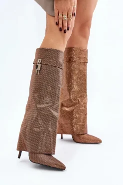 Clearance Zdobione Wsuwane Kozaki Na Szpilce Z Wywiniętą Cholewką Brązowe Enathlin Damskie Kozaki Ocieplane|Kozaki Na Szpilce