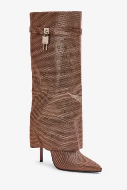 Clearance Zdobione Wsuwane Kozaki Na Szpilce Z Wywiniętą Cholewką Brązowe Enathlin Damskie Kozaki Ocieplane|Kozaki Na Szpilce