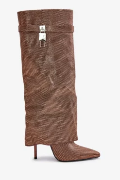 Clearance Zdobione Wsuwane Kozaki Na Szpilce Z Wywiniętą Cholewką Brązowe Enathlin Damskie Kozaki Ocieplane|Kozaki Na Szpilce