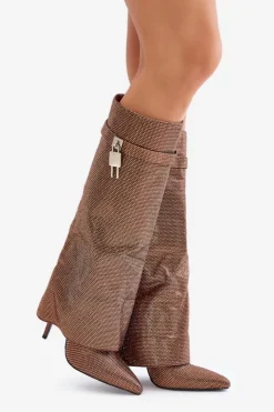 Clearance Zdobione Wsuwane Kozaki Na Szpilce Z Wywiniętą Cholewką Brązowe Enathlin Damskie Kozaki Ocieplane|Kozaki Na Szpilce