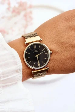 New Zegarek Analogowy Na Bransolecie Mesh Giorgio&Dario Złoto-Czarny Zegarki