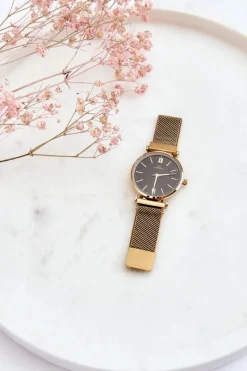 New Zegarek Analogowy Na Bransolecie Mesh Giorgio&Dario Złoto-Czarny Zegarki