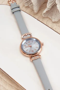 Zegarek Damski Na Cienkim Pasku Z Eko Skóry Niebieski E62027LR Zegarki