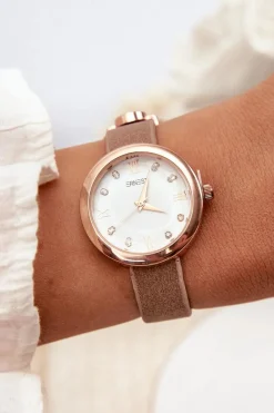 Clearance Zegarek Damski Na Cienkim Eko Skórzanym Pasku Brązowy E62146 Zegarki