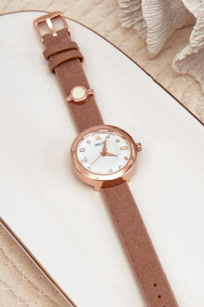 Clearance Zegarek Damski Na Cienkim Eko Skórzanym Pasku Brązowy E62146 Zegarki