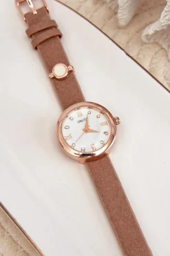 Clearance Zegarek Damski Na Cienkim Eko Skórzanym Pasku Brązowy E62146 Zegarki