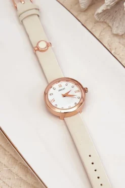 Zegarki>Ernest Zegarek Damski Na Cienkim Eko Skórzanym Pasku Jasnobeżowy E62146