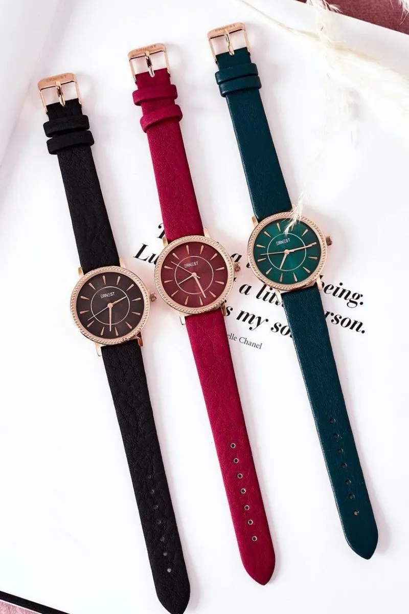 Hot Zegarek Na Skórzanym Pasku Bez Niklu Butelkowa Zieleń Zegarki