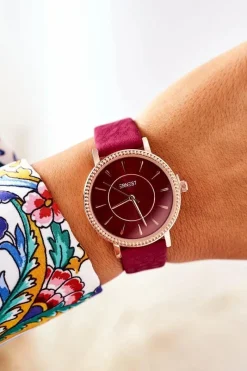 Outlet Ernest Zegarek Na Skórzanym Pasku Bez Niklu Burgundowy