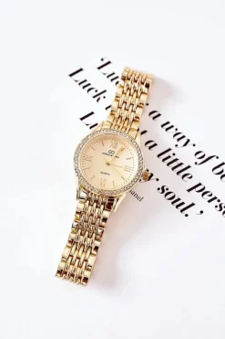 Outlet Zegarek Z Cyrkoniami Na Bransolecie Złoty Zegarki