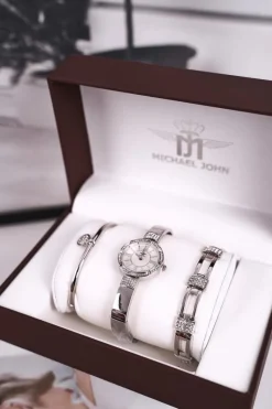 Zegarki|Bransoletki>Michael John Zestaw Damski Zegarek i Dwie Bransoletki Srebrny