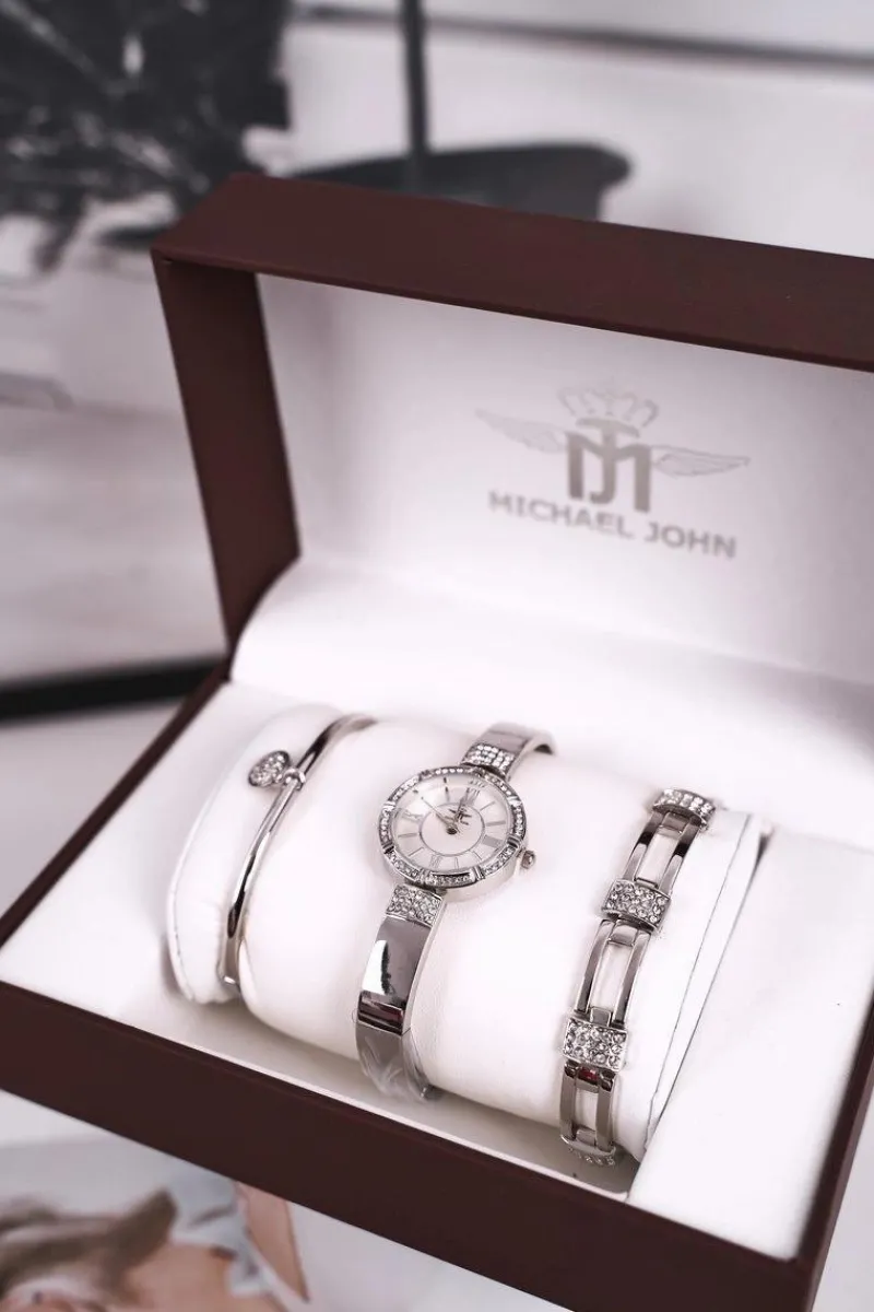 Zegarki|Bransoletki>Michael John Zestaw Damski Zegarek i Dwie Bransoletki Srebrny