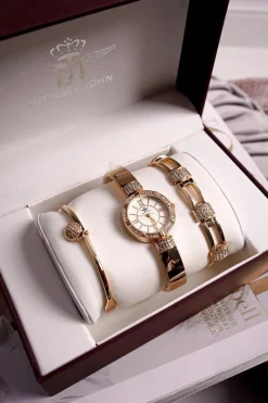 Outlet Zestaw Damski Zegarek i Dwie Bransoletki Złoty Zegarki|Bransoletki