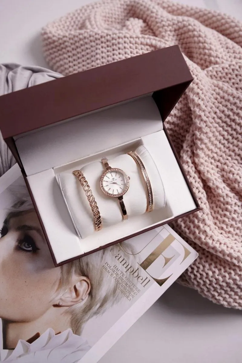 Online Michael John Zestaw Damski Zegarek i Dwie Bransoletki Różowe Złoto Cyrkonie