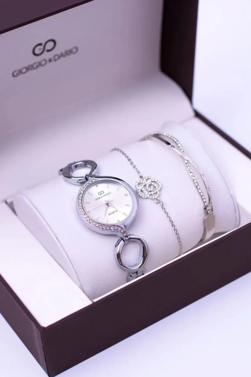 Zestaw Giorgio Dario Srebrny Zegarek Cyrkonie Dwie Bransolety Zegarki
