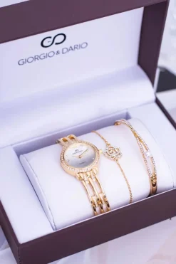 Online Zestaw Giorgio Dario Złoty Damski Zegarek Z Cyrkoniami Dwie Bransolety Zegarki