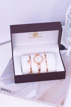 Sale Zestaw Damski Zegarek Z Cyrkoniami Dwie Bransolety Różowe Złoto Zegarki