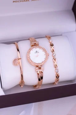 Sale Zestaw Damski Zegarek Z Cyrkoniami Dwie Bransolety Różowe Złoto Zegarki