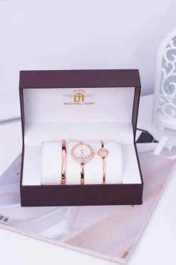 New Zestaw Damski Zegarek Dwie Bransolety Różowe Złoto Zegarki
