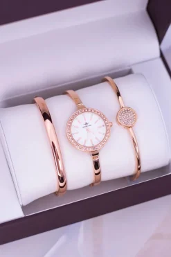 New Zestaw Damski Zegarek Dwie Bransolety Różowe Złoto Zegarki