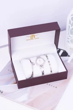 Best Zestaw Damski Srebrny Zegarek Z Cyrkoniami Dwie Bransolety Zegarki