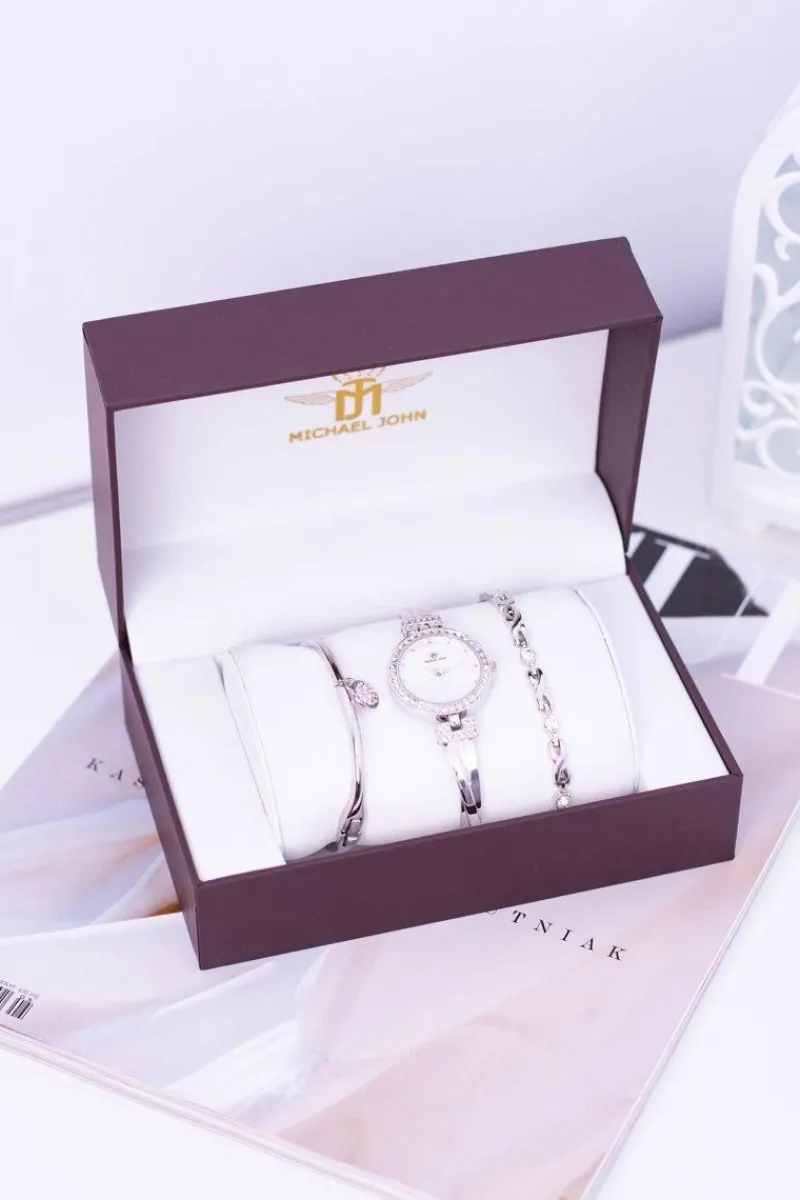 Best Zestaw Damski Srebrny Zegarek Z Cyrkoniami Dwie Bransolety Zegarki