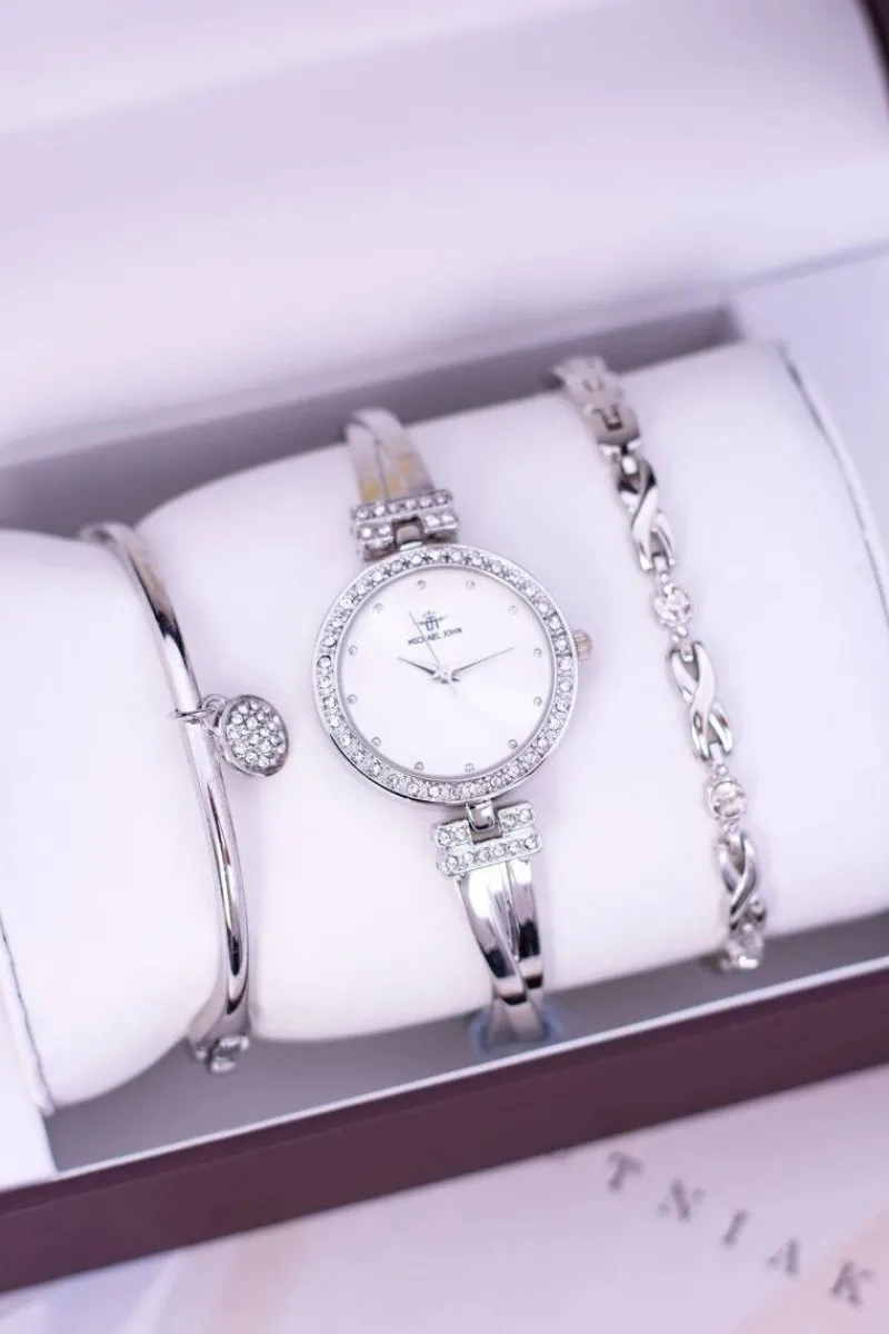 Best Zestaw Damski Srebrny Zegarek Z Cyrkoniami Dwie Bransolety Zegarki