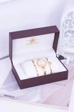 Outlet Zestaw Złoty Damski Zegarek Z Cyrkoniami Dwie Bransolety Zegarki