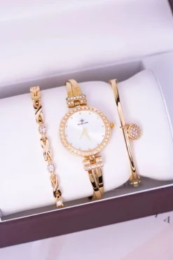 Outlet Zestaw Złoty Damski Zegarek Z Cyrkoniami Dwie Bransolety Zegarki