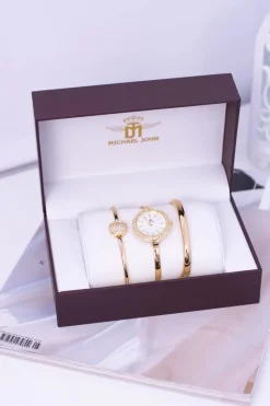 Clearance Zestaw Złoty Zegarek Dwie Bransolety Zegarki