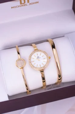 Clearance Zestaw Złoty Zegarek Dwie Bransolety Zegarki