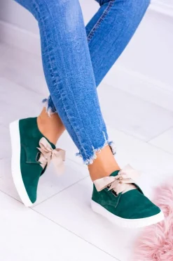 New Boto Zielone Skórzane Damskie Tenisówki Loop