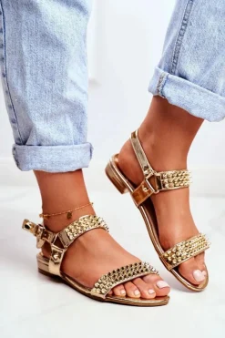 Sandały Płaskie>Boto Złote Damskie Płaskie Sandałki Lu Boo Z Ćwiekami Aldona