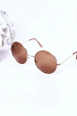 Outlet Złote Okulary Lenonki Z Brązowymi Szkłami Okulary