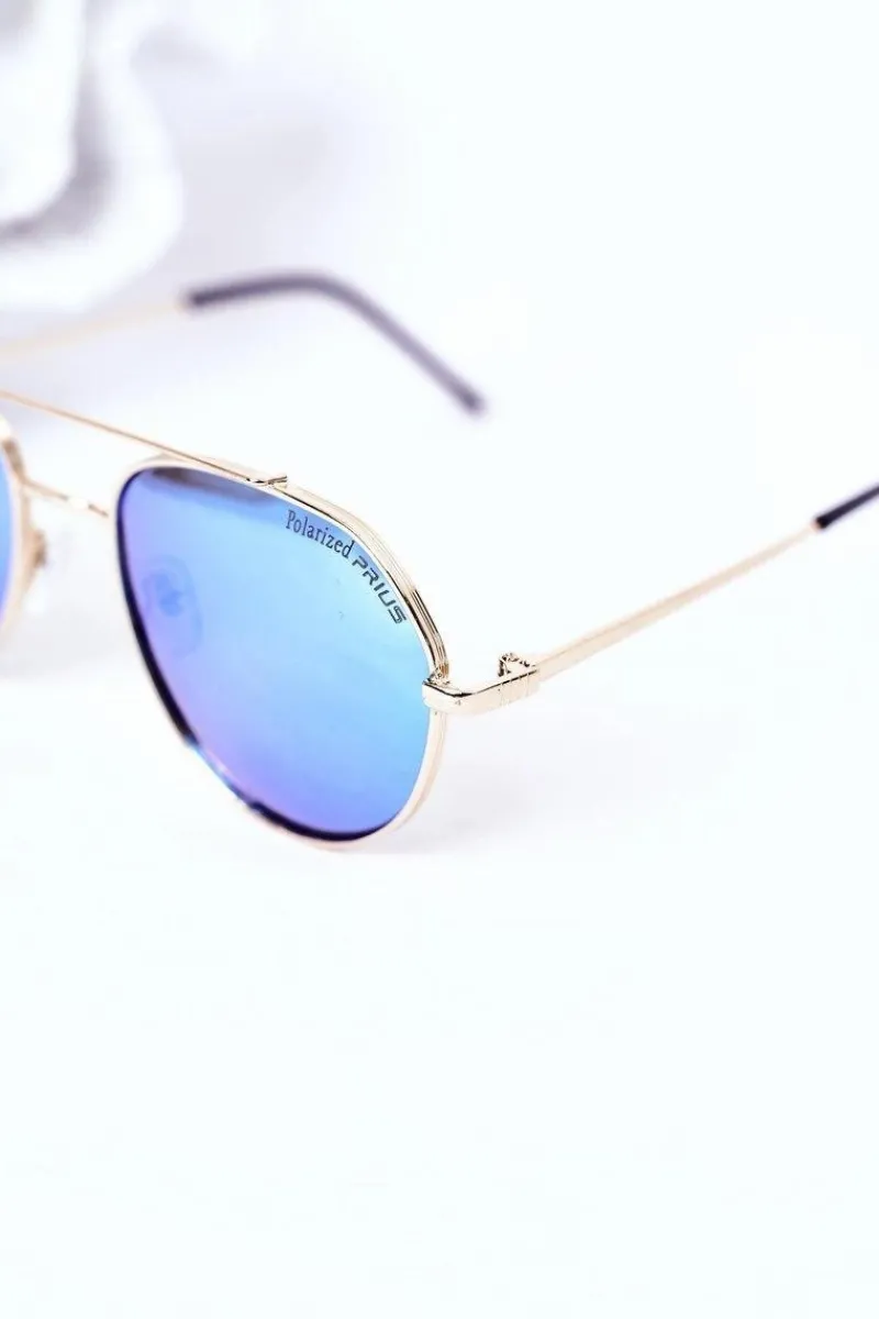Discount PRIUS Złote Polaryzowane Okulary Aviatory Z Niebieskimi Szkłami